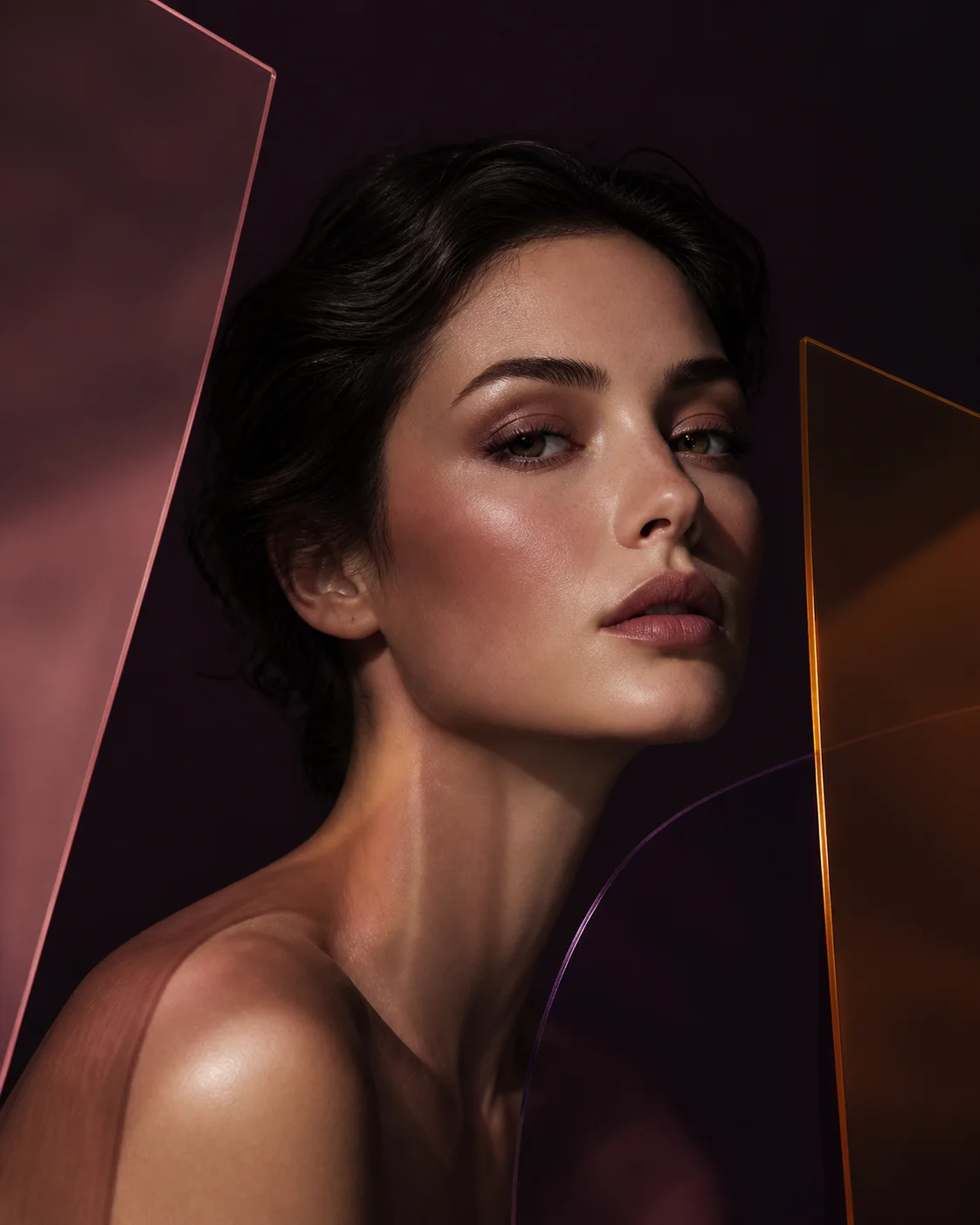 Editorial beauty portrait framed by rose, copper, and plum color planes