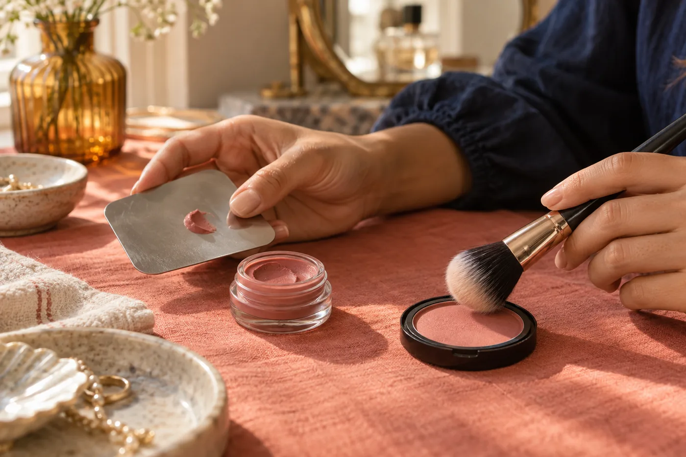 Hands compare a small cream blush portion and a powder blush brush at a coral linen dressing table in warm window light