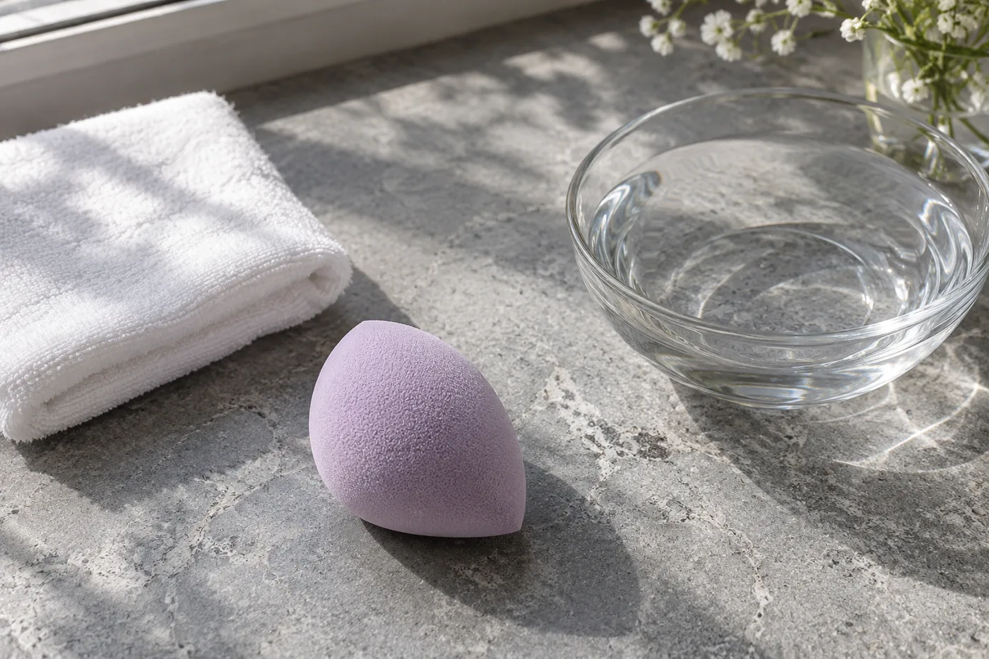 Lilac makeup sponge, clean folded towel and glass water bowl arranged on gray stone in window light