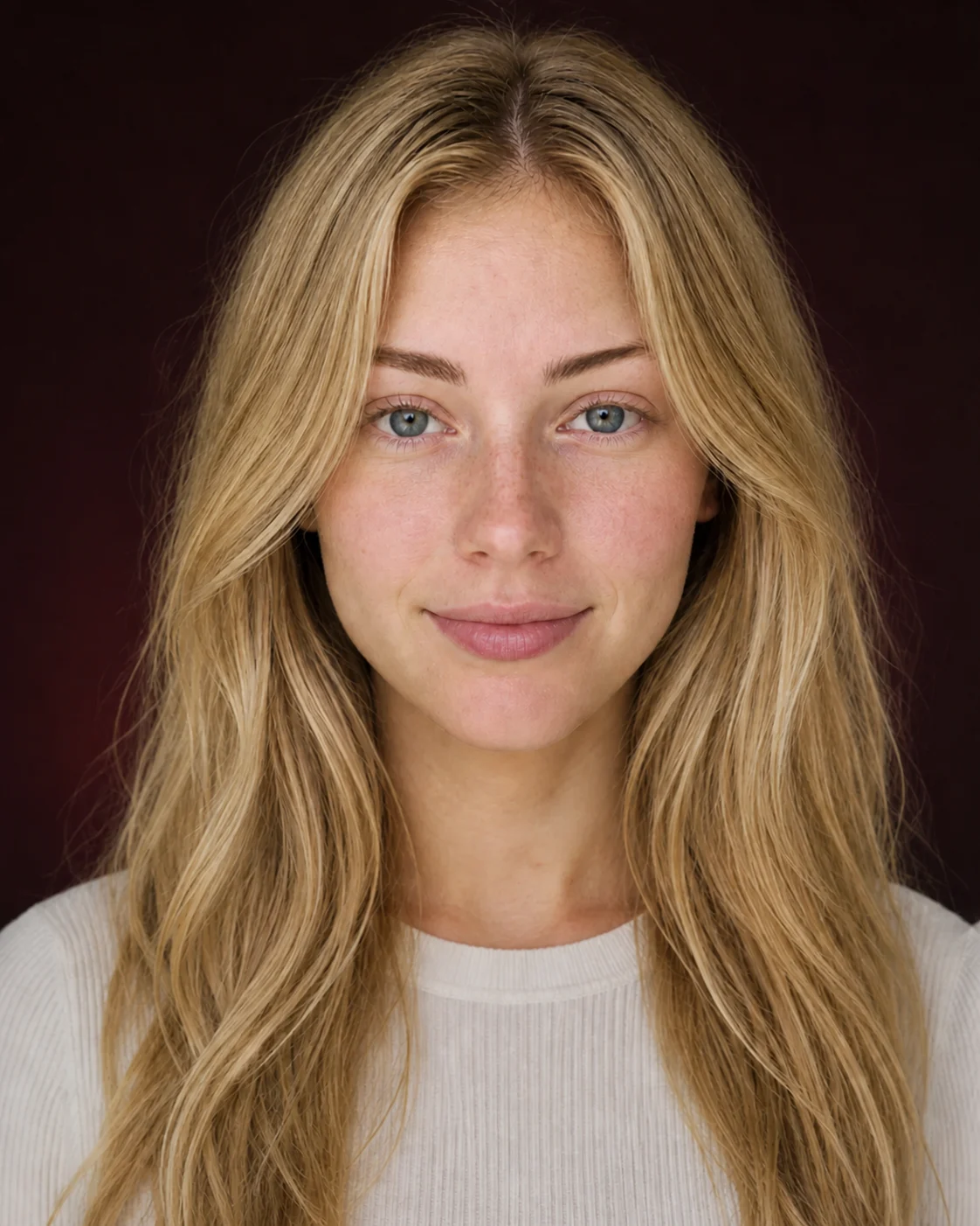 Blonde blue-eyed woman before a soft bridal makeup preview