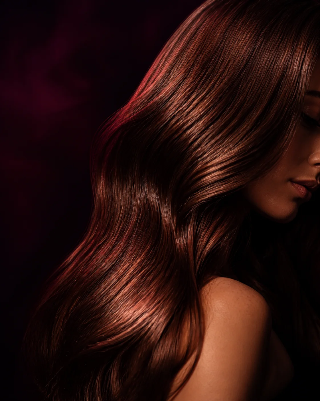 Sculptural copper-brunette hair in warm studio light